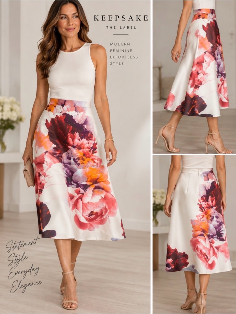 Keepsake Night After Night Ivory Floral Print Midi Skirt